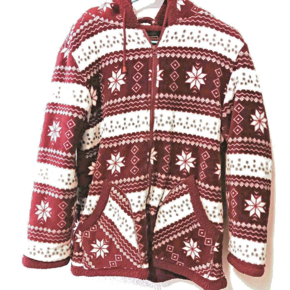 Trail Crest Fleece Hoodie M Nordic Snowflake Fair Isle Red White Sherpa Lined...